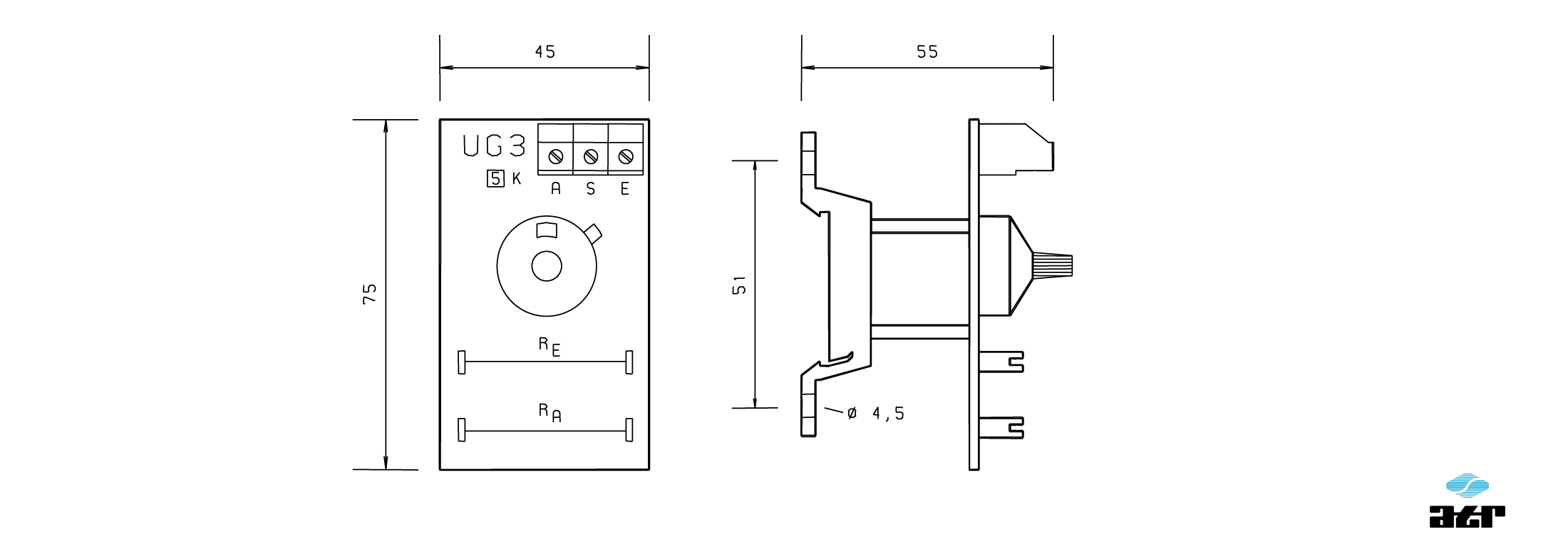 Gehäusemaße: ATR Potentiometer-Einheit UG3