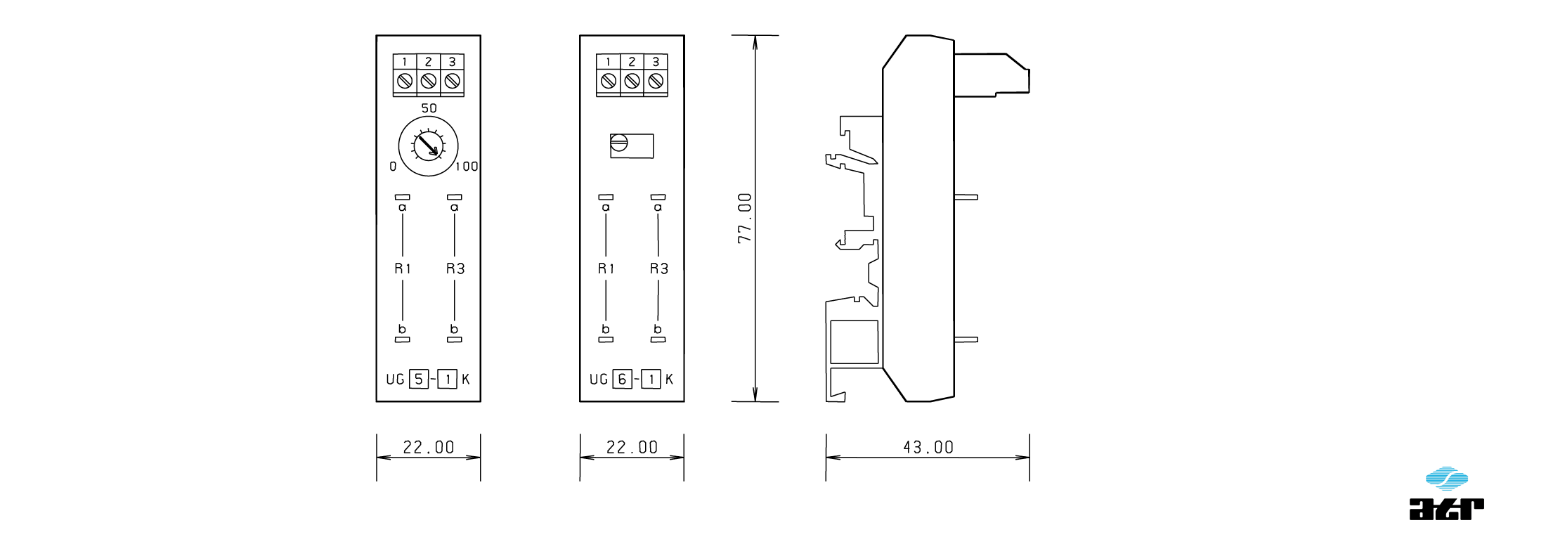 Gehäusemaße: ATR Potentiometer-Einheit UG5 + UG6