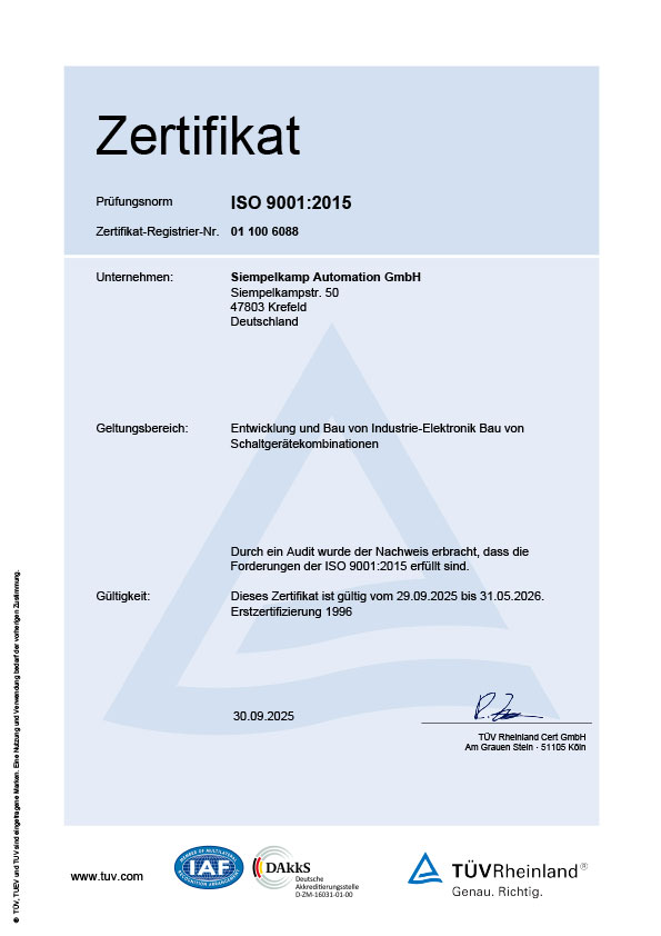 TÜV Rheinland-Zertifikat über die Erfüllung der ISO 9001 durch die SIEMPELKAMP Automation GmbH