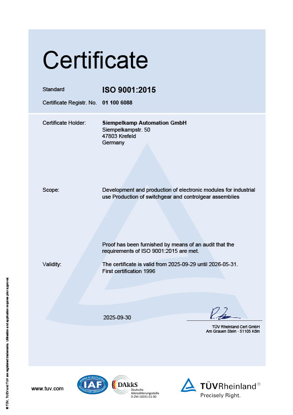 TÜV Rheinland certificate confirming SIEMPELKAMP Automation GmbH's compliance with ISO 9001